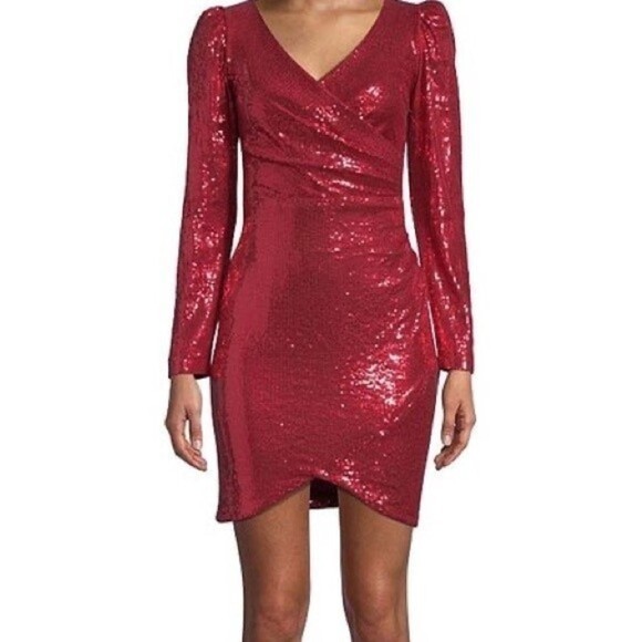 Red‎ Long-Sleeve Stunning Red Sequin Wrap Dress  Holiday Party Dress, Siz… - Picture 1 of 4